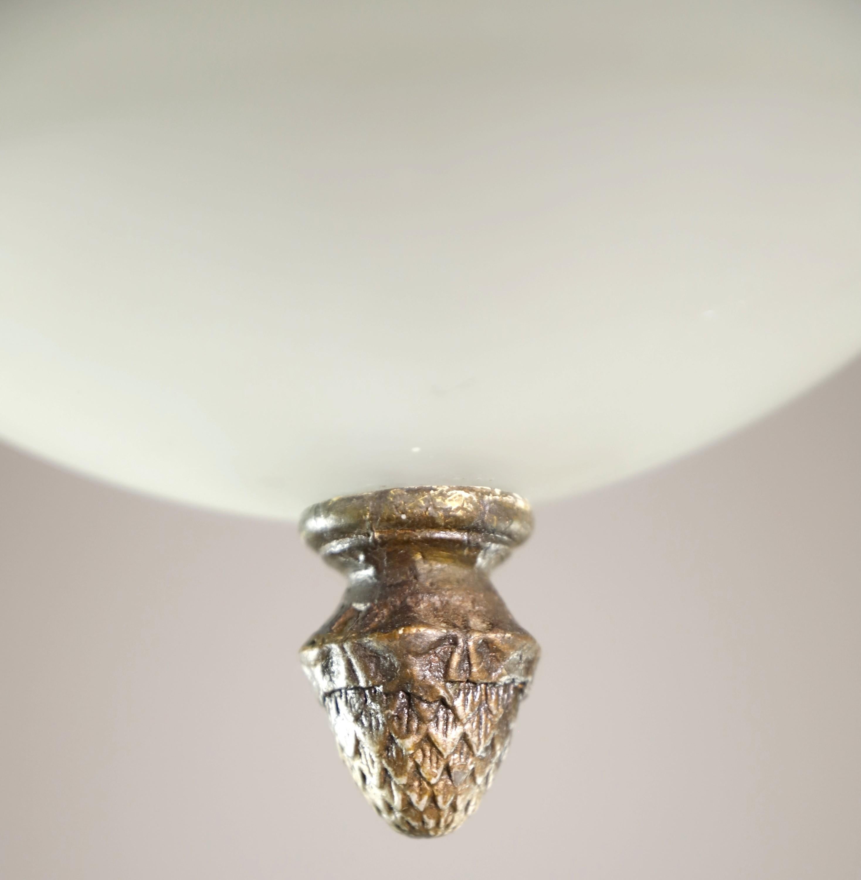 20th Century Brass Flush Mount Light W Layered Frosted Shade Floral Design