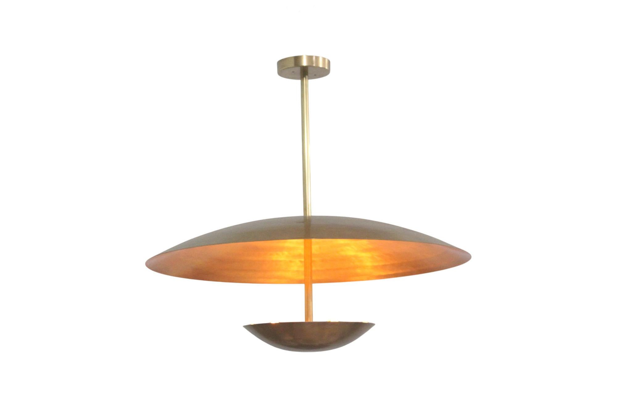 MCM style BRASS pendant  Uplighter with 6 lights . Concave disc are hand spun  with prime quality brass . Solid sturdy hardware and construction . 

Diameter  30”
Height: 25