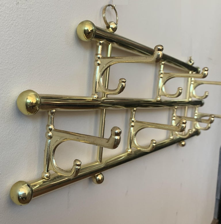 Brass Foldable Wall Coat Rack with Seven Hangers Midcentury / Art Deco