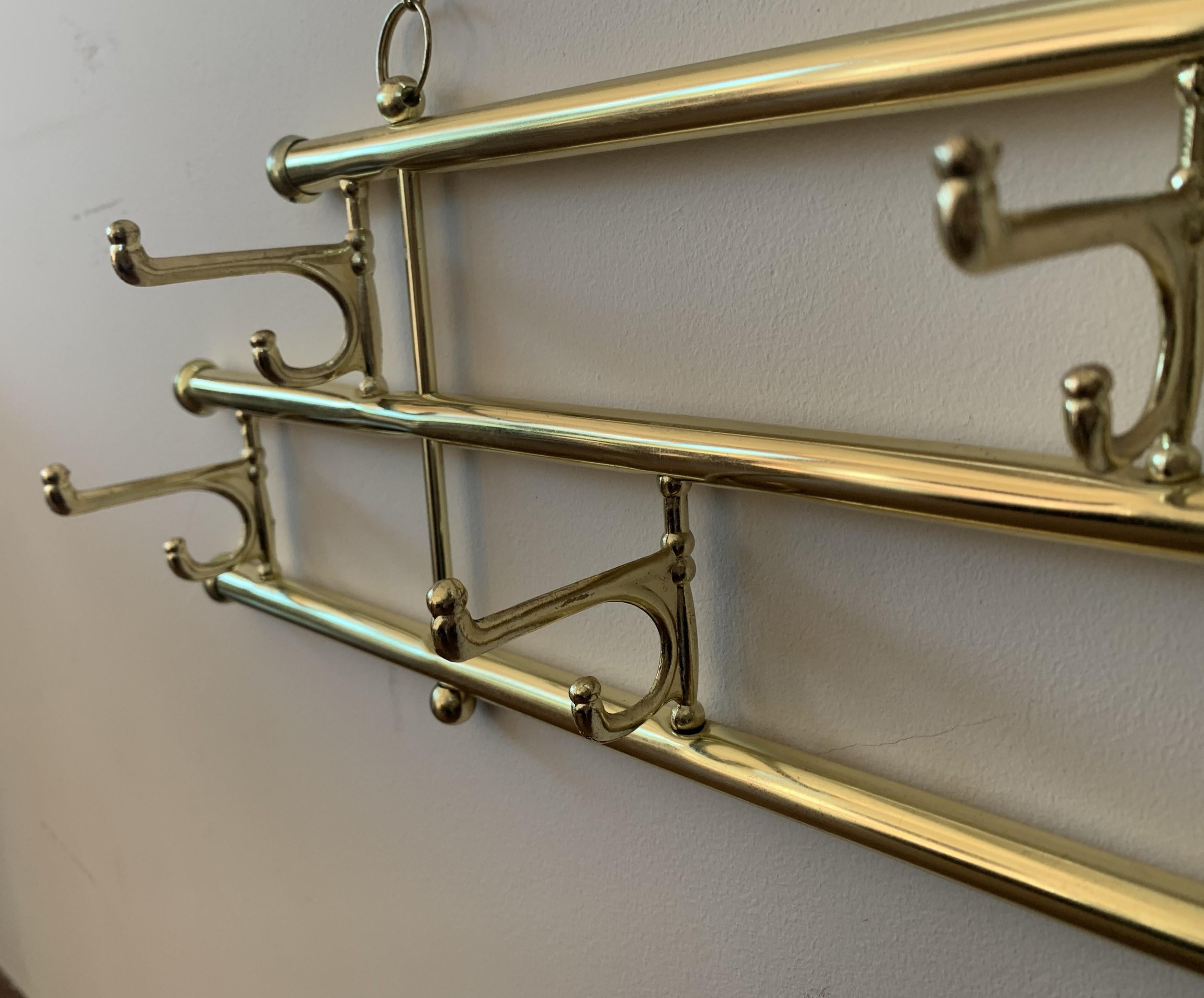 Mid-Century Modern Brass Foldable Wall Coat Rack with Seven Hangers Midcentury / Art Deco, 1940s