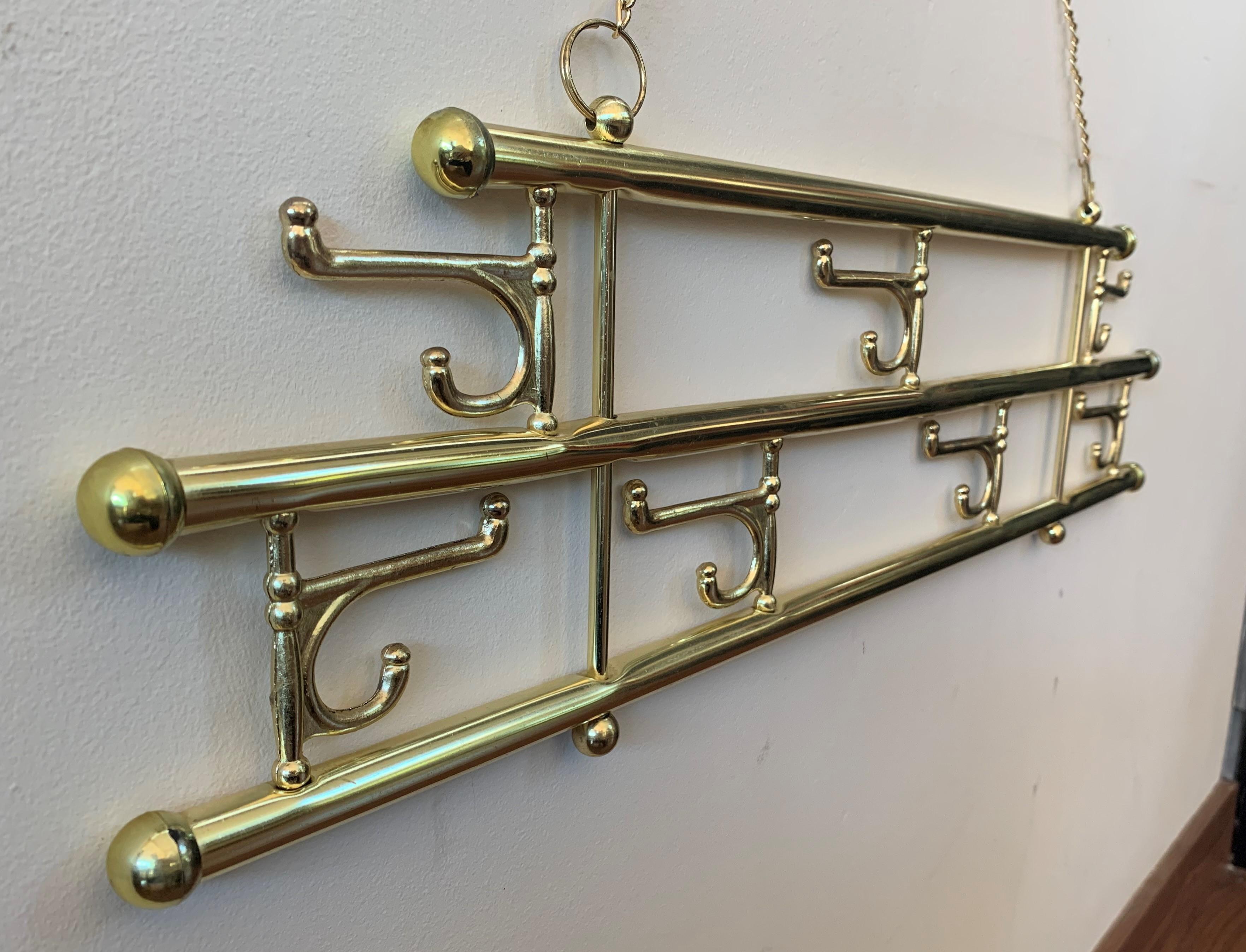 Italian Brass Foldable Wall Coat Rack with Seven Hangers Midcentury / Art Deco, 1940s