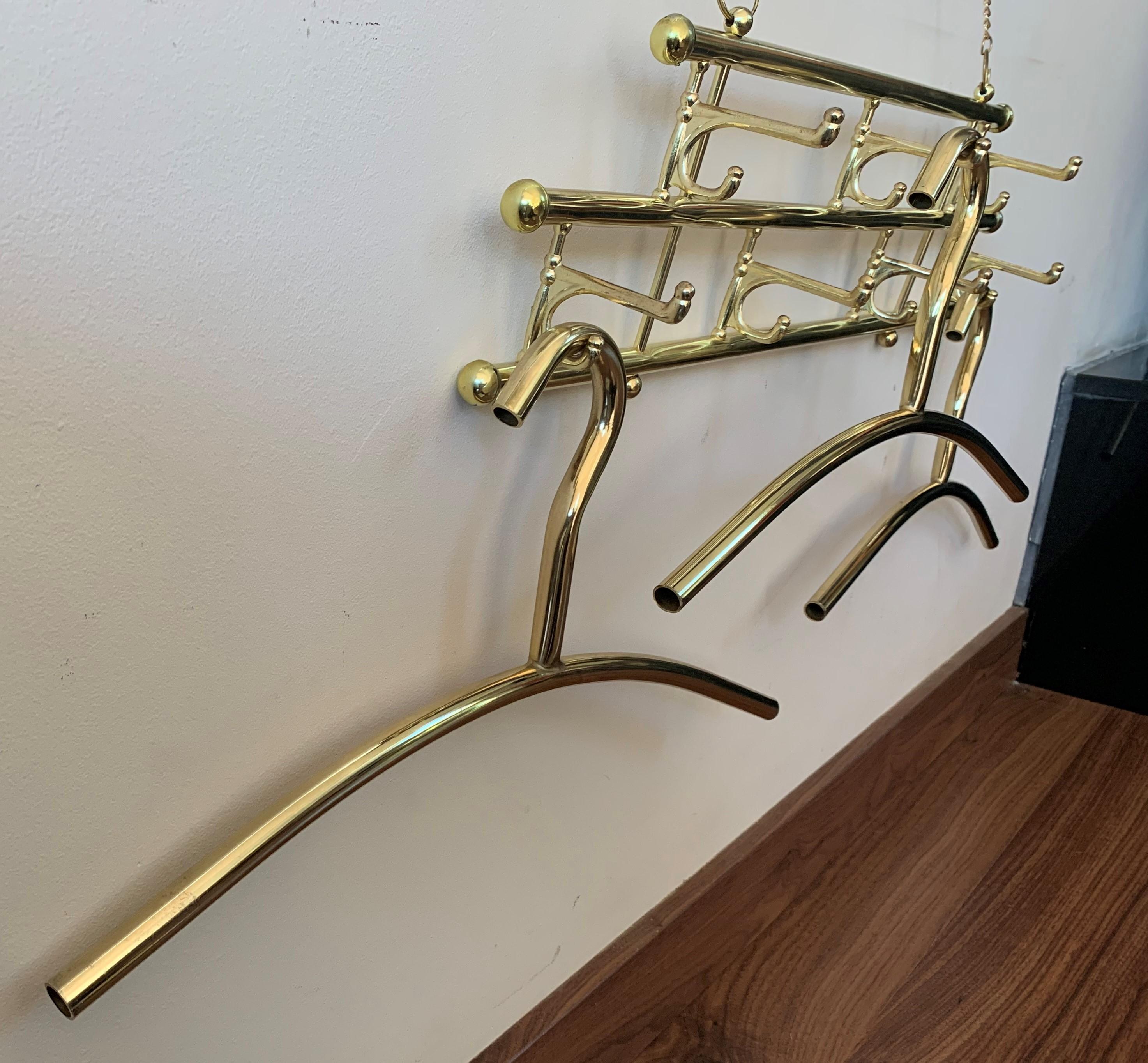 20th Century Brass Foldable Wall Coat Rack with Seven Hangers Midcentury / Art Deco, 1940s