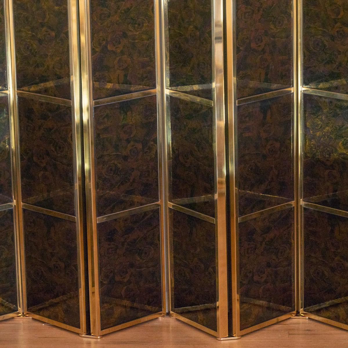 Mid-Century Modern Brass Folding Screen Featuring Inset Vintage Ceramic Panels For Sale