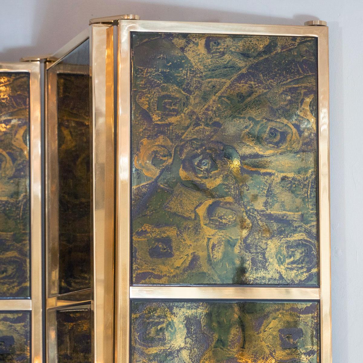 Italian Brass Folding Screen Featuring Inset Vintage Ceramic Panels For Sale
