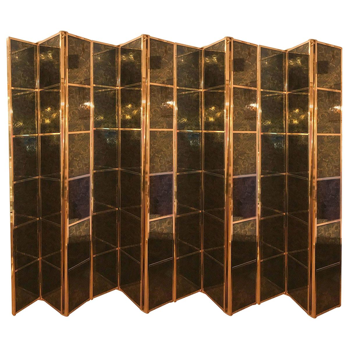 Brass Folding Screen Featuring Inset Vintage Ceramic Panels