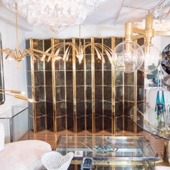 Brass Folding Screen with Inset Vintage Ceramic Panels