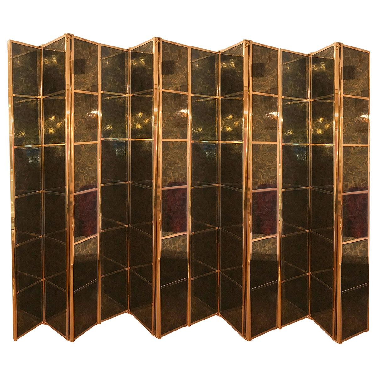 Brass Folding Screen with Inset Vintage Ceramic Panels