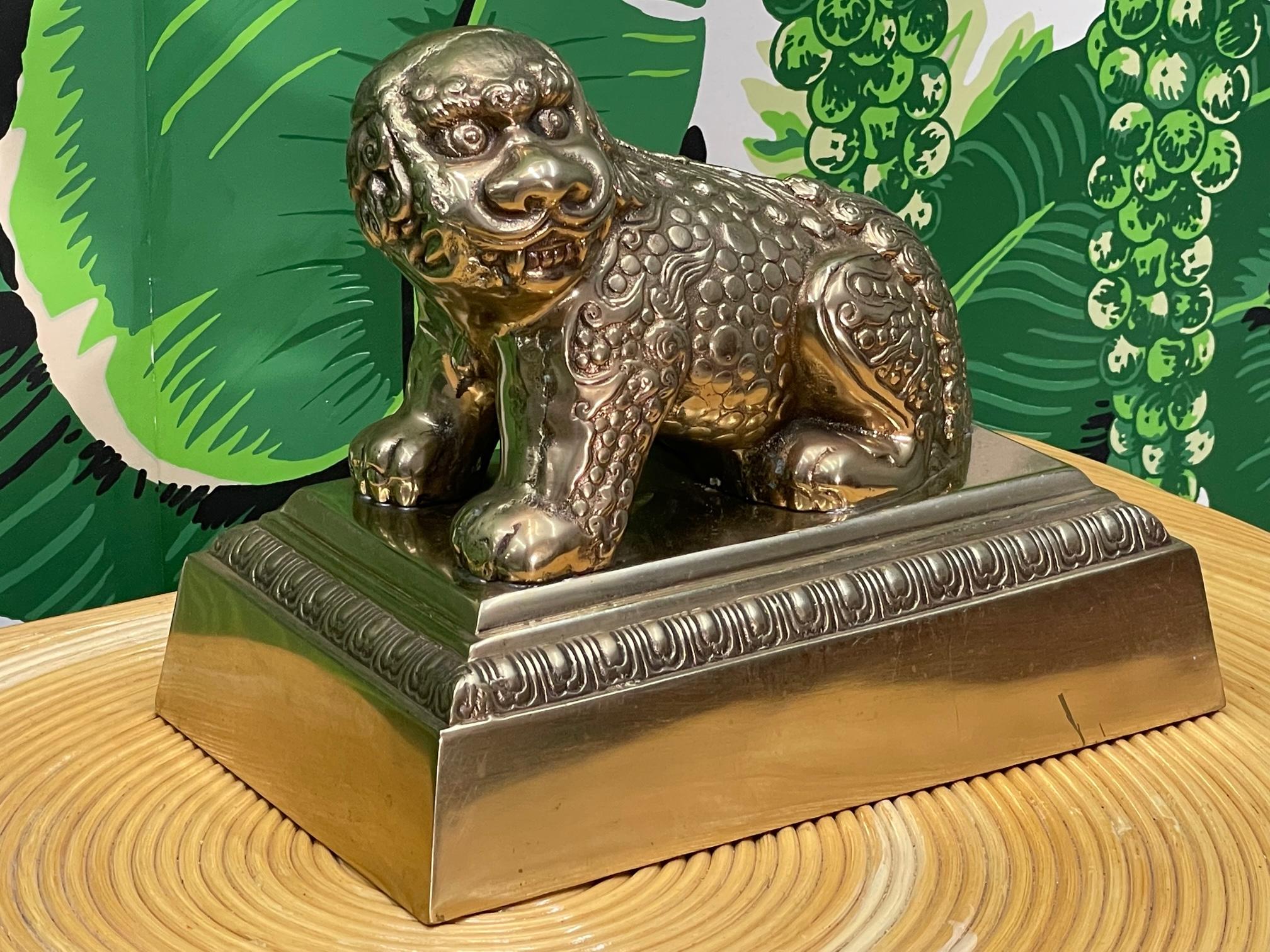 Brass Foo Dog Lion Statue on Plinth In Good Condition For Sale In Jacksonville, FL