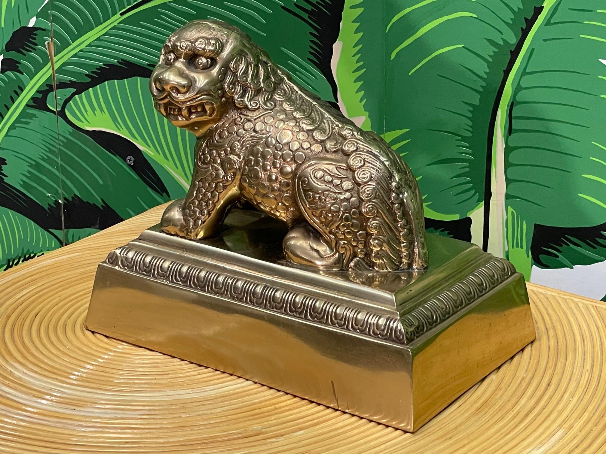 20th Century Brass Foo Dog Lion Statue on Plinth For Sale