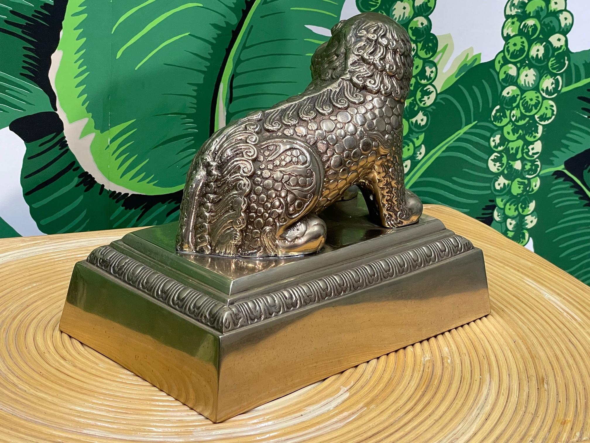 Brass Foo Dog Lion Statue on Plinth For Sale 1