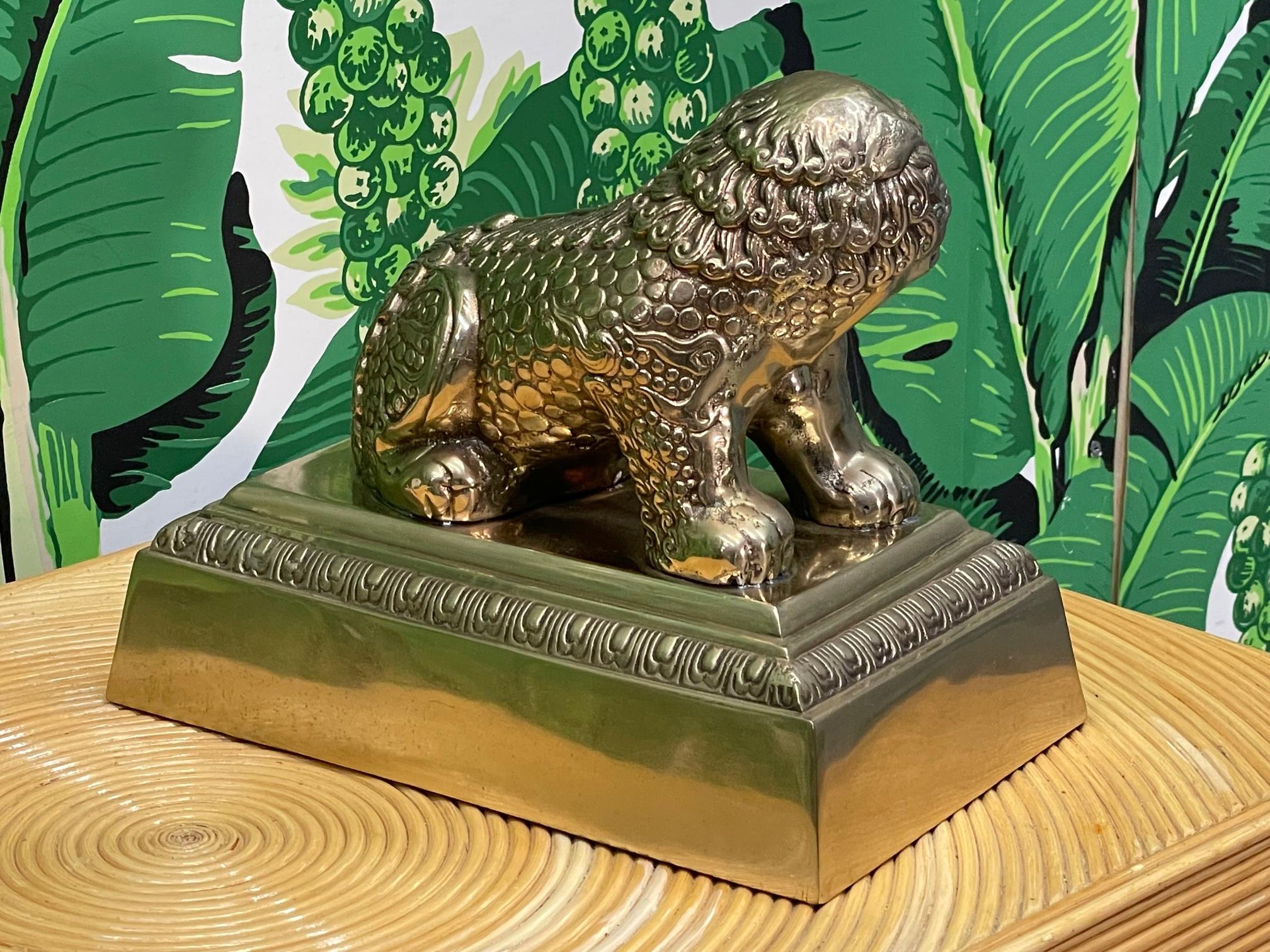 Brass Foo Dog Lion Statue on Plinth For Sale 2