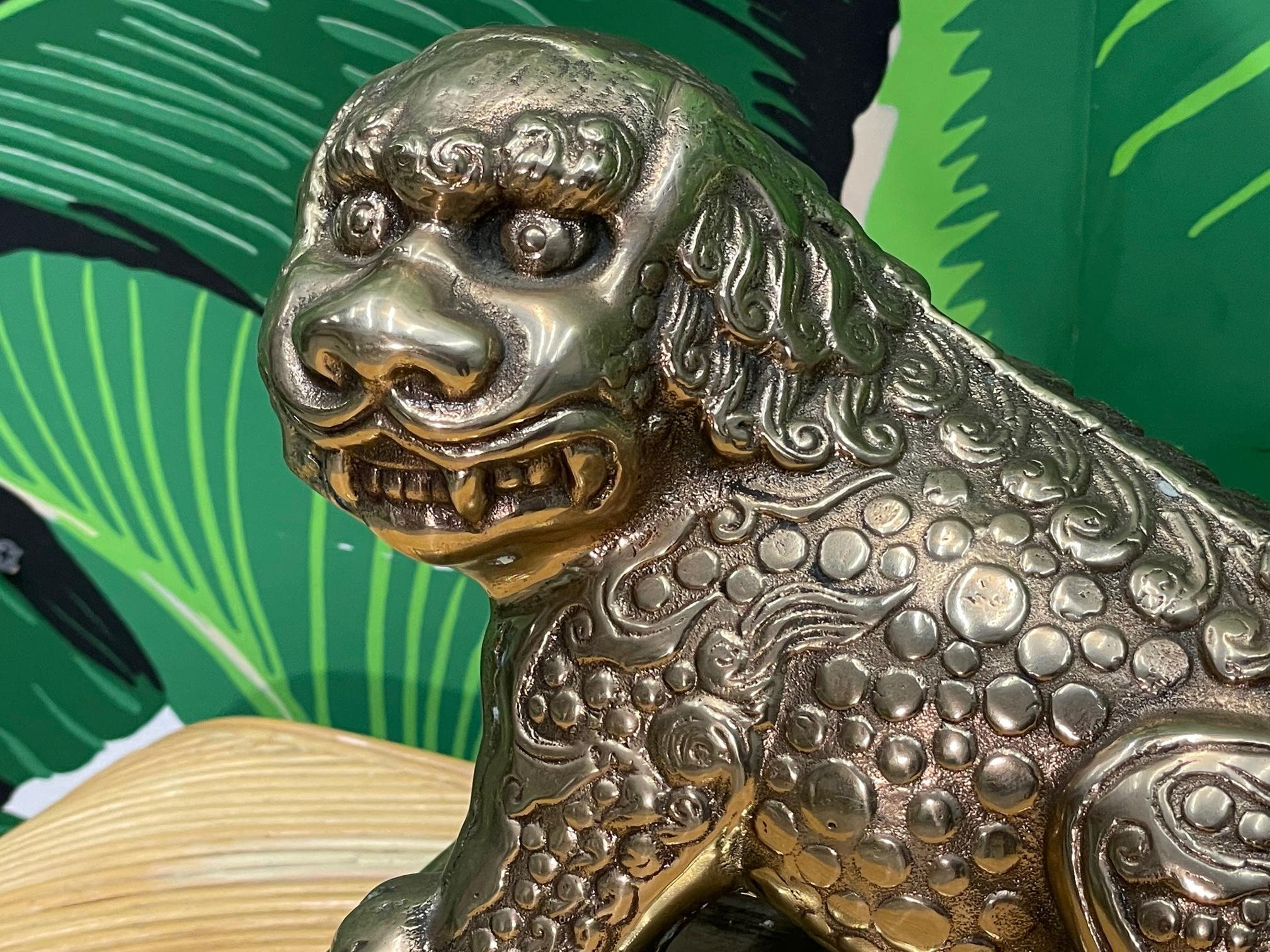 Brass Foo Dog Lion Statue on Plinth For Sale 3