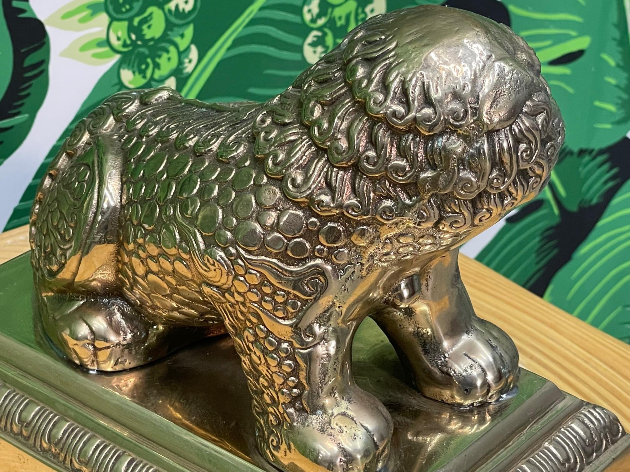 Brass Foo Dog Lion Statue on Plinth For Sale 4