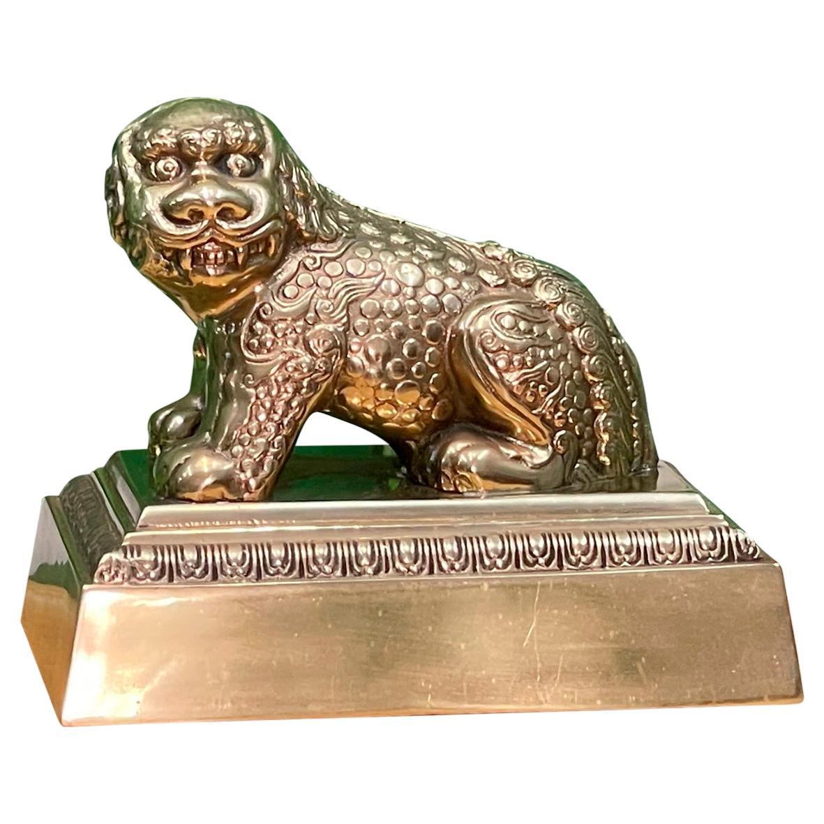 Brass Foo Dog Lion Statue on Plinth For Sale