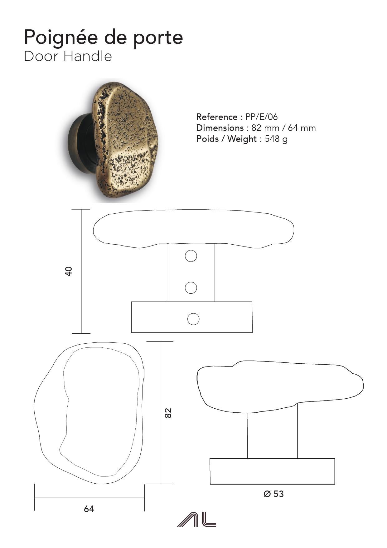 Hand-Crafted Brass foundry door handle from the Earth Prints collection For Sale
