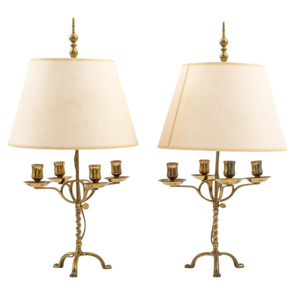 Brass Four-Arm Candle Lamps, Pair For Sale