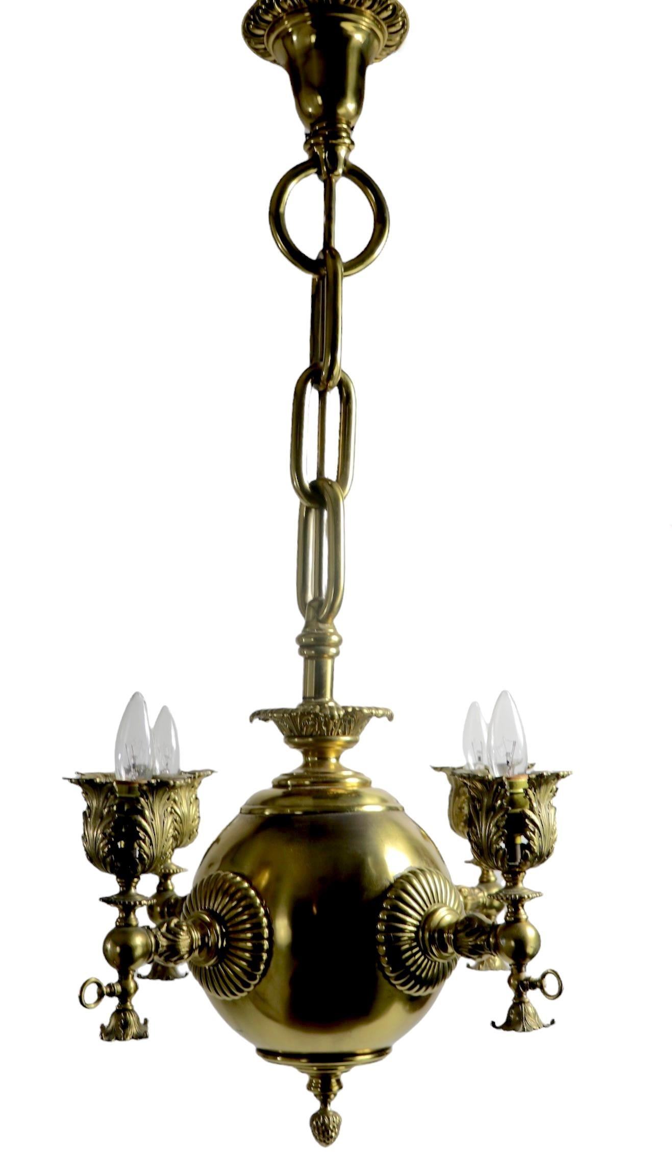 Brass Four Light Electrified Gas Fixture 19th C Made in Usa For Sale 8