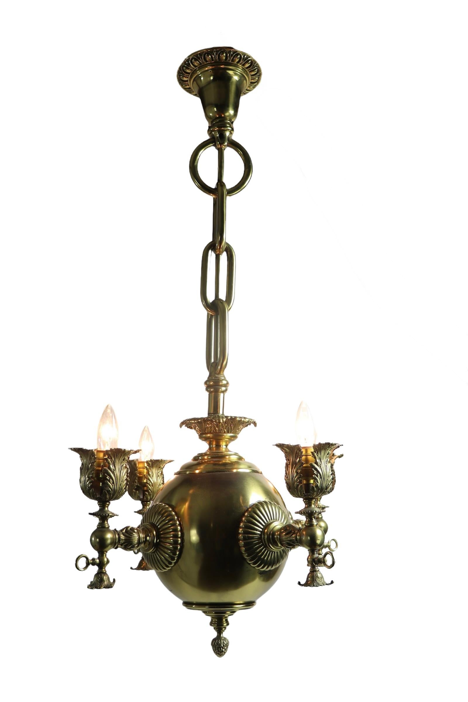 Brass Four Light Electrified Gas Fixture 19th C Made in Usa In Good Condition For Sale In New York, NY