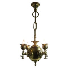 Aparato de gas electrificado de latón de cuatro luces del siglo XIX Made in Usa