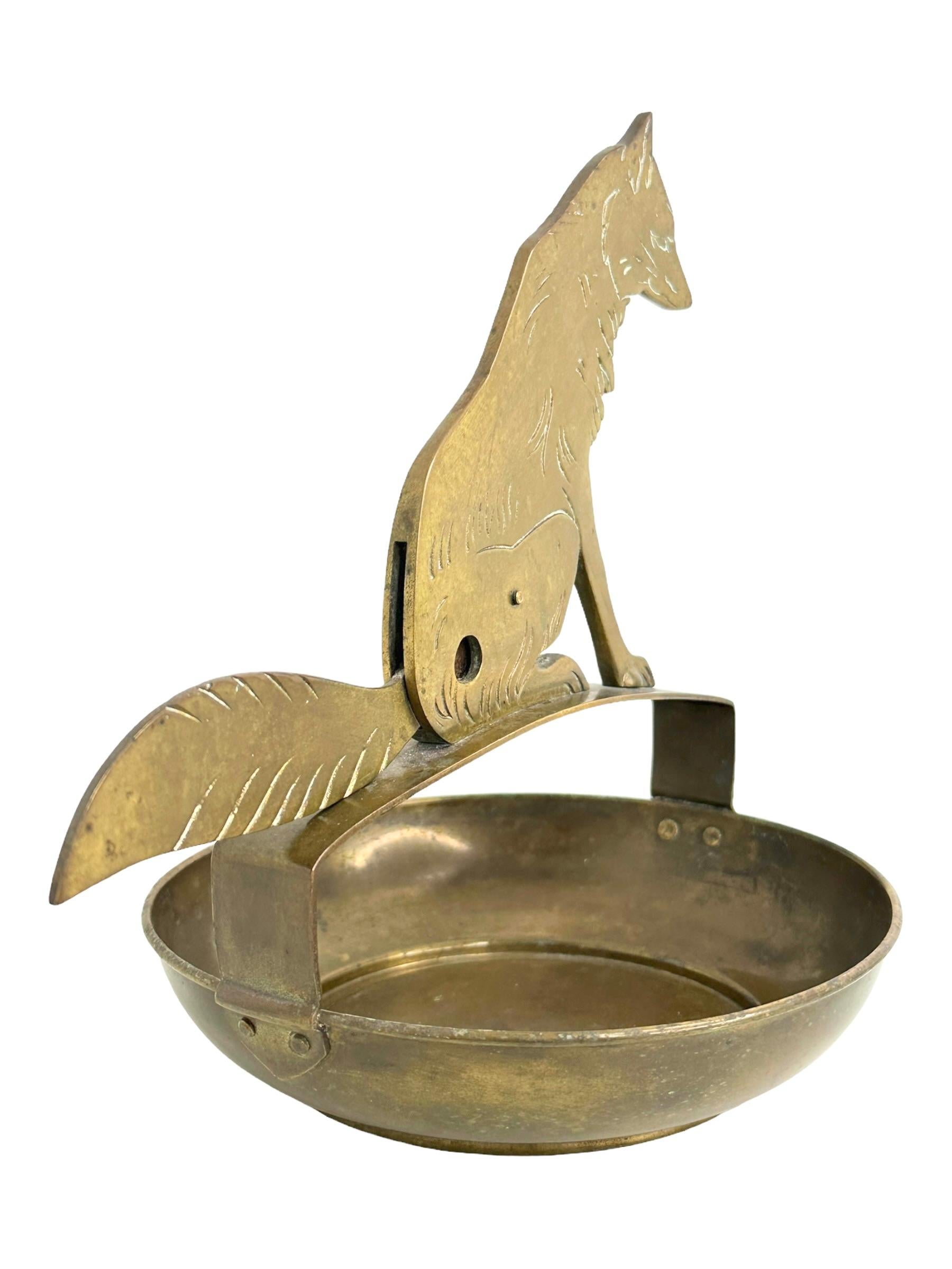 Mid-20th Century Brass Fox Animal Figural Cigar Cutter and Ashtray, Vintage German Art Deco 1930s For Sale
