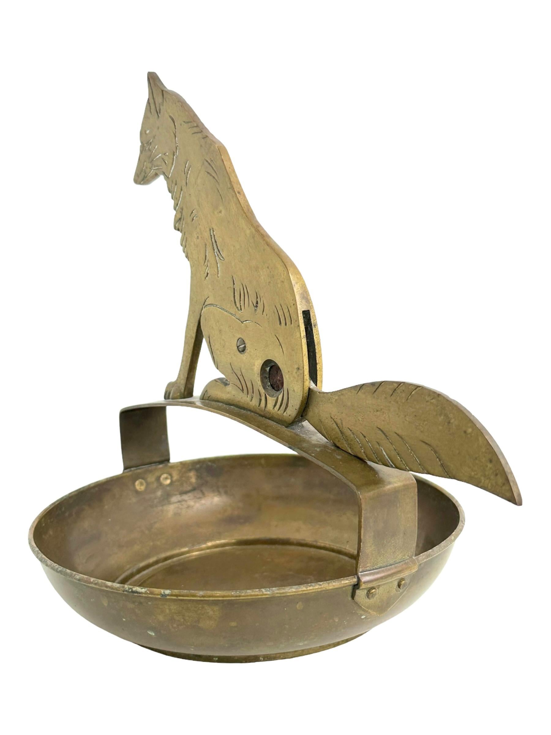 Metal Brass Fox Animal Figural Cigar Cutter and Ashtray, Vintage German Art Deco 1930s For Sale