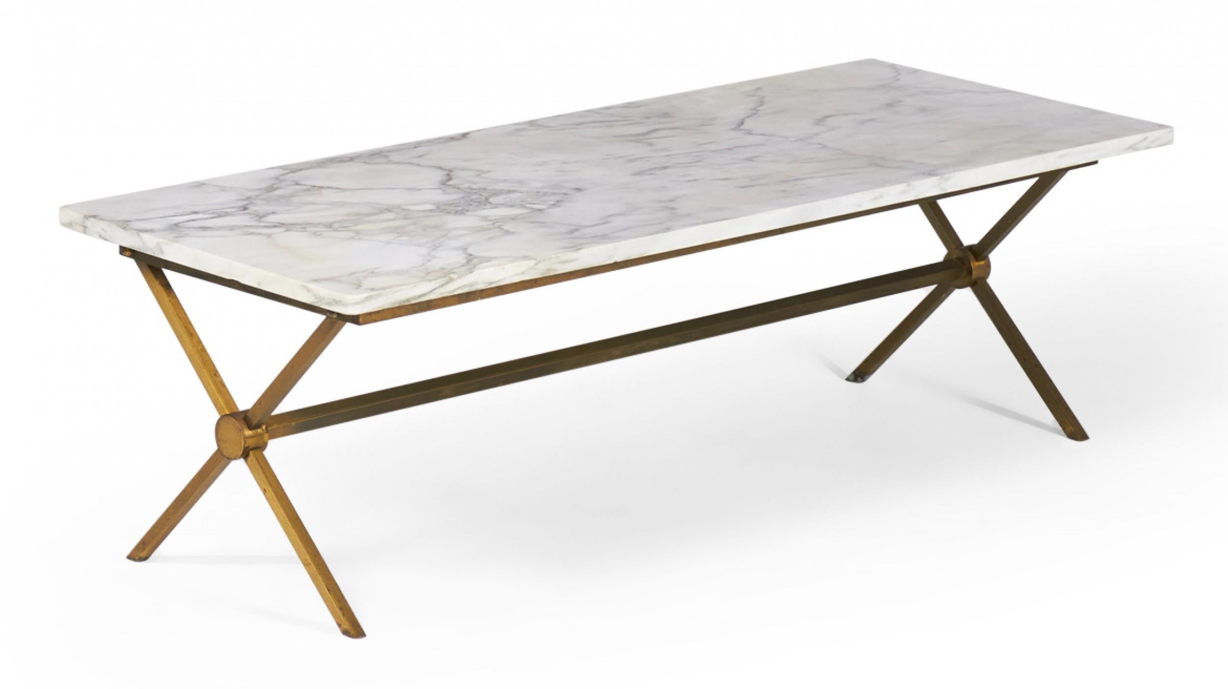American Brass Frame and Carrara Marble Cocktail / Coffee Table 'Manner of Maison Jansen' For Sale