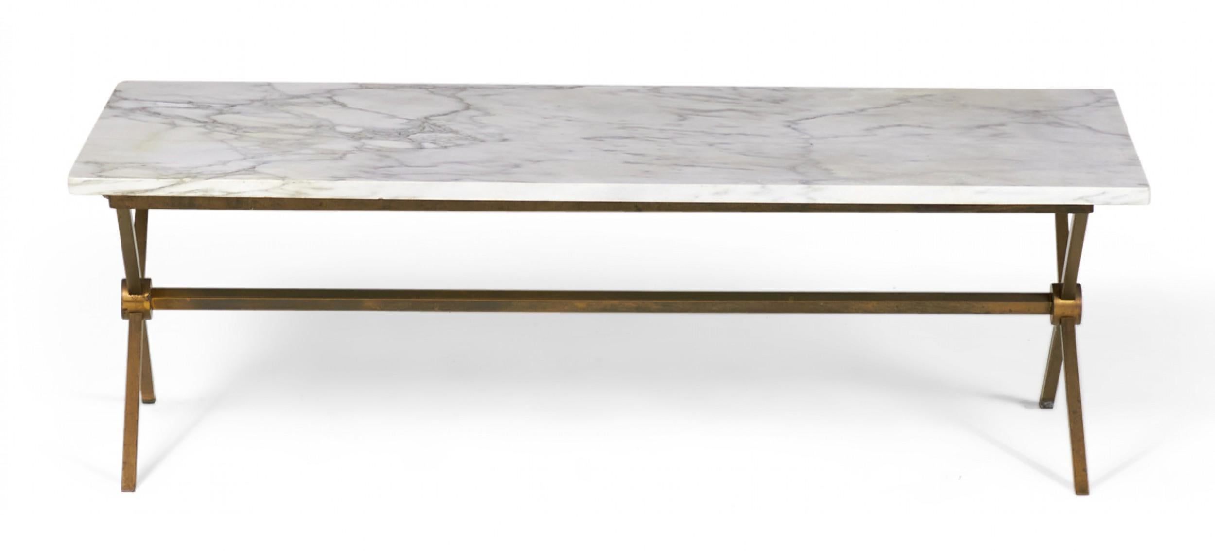 Brass Frame and Carrara Marble Cocktail / Coffee Table 'Manner of Maison Jansen' In Good Condition For Sale In New York, NY