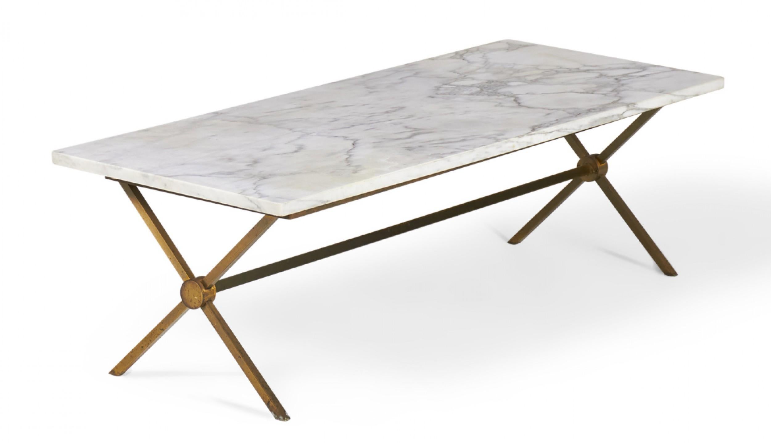 Brass Frame and Carrara Marble Cocktail / Coffee Table 'Manner of Maison Jansen' For Sale 1