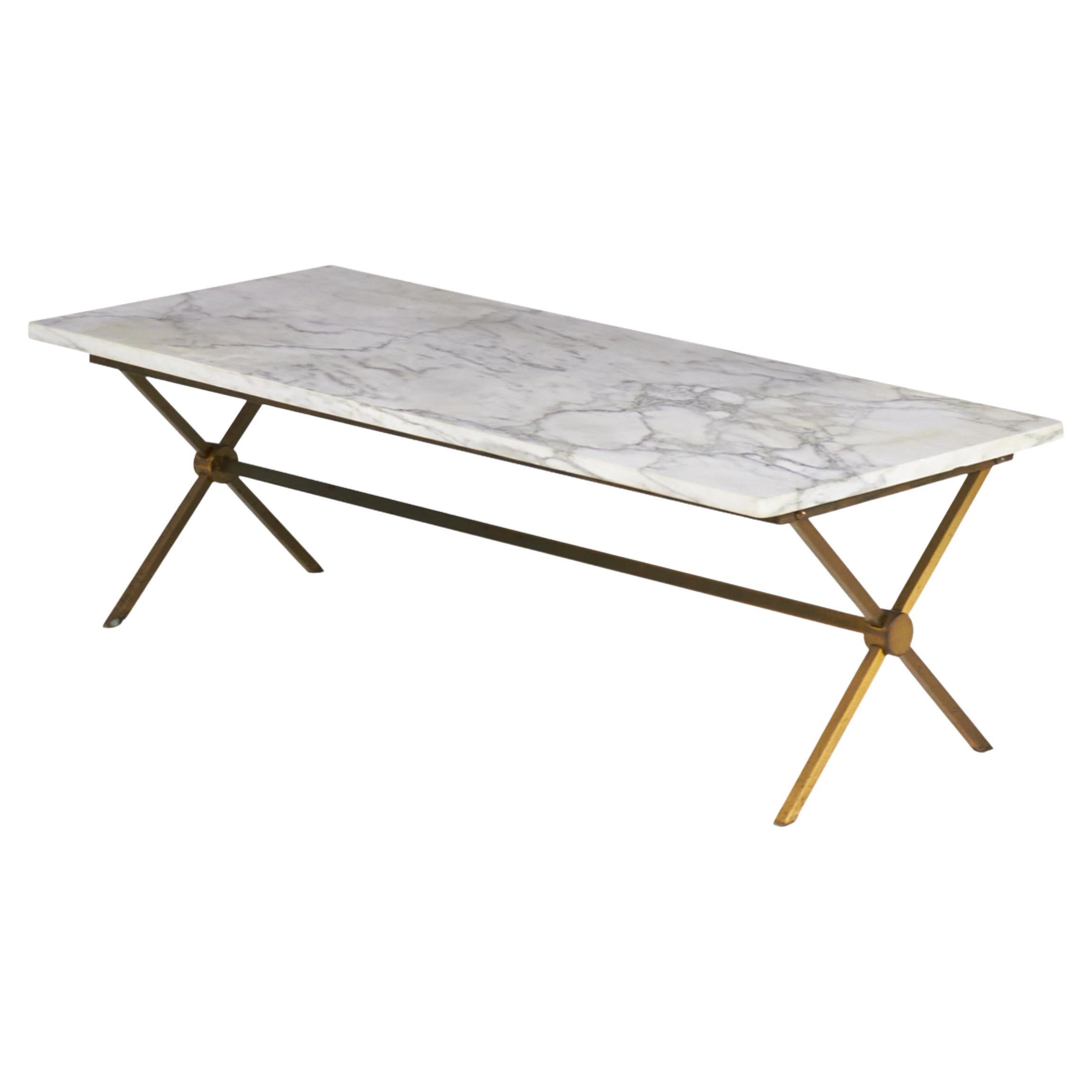 Brass Frame and Carrara Marble Cocktail / Coffee Table 'Manner of Maison Jansen' For Sale