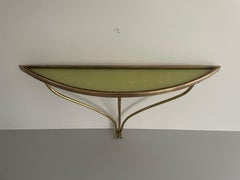 Brass Frame and Green Glass Top Floating Wall Console Table,  1960s, Italy