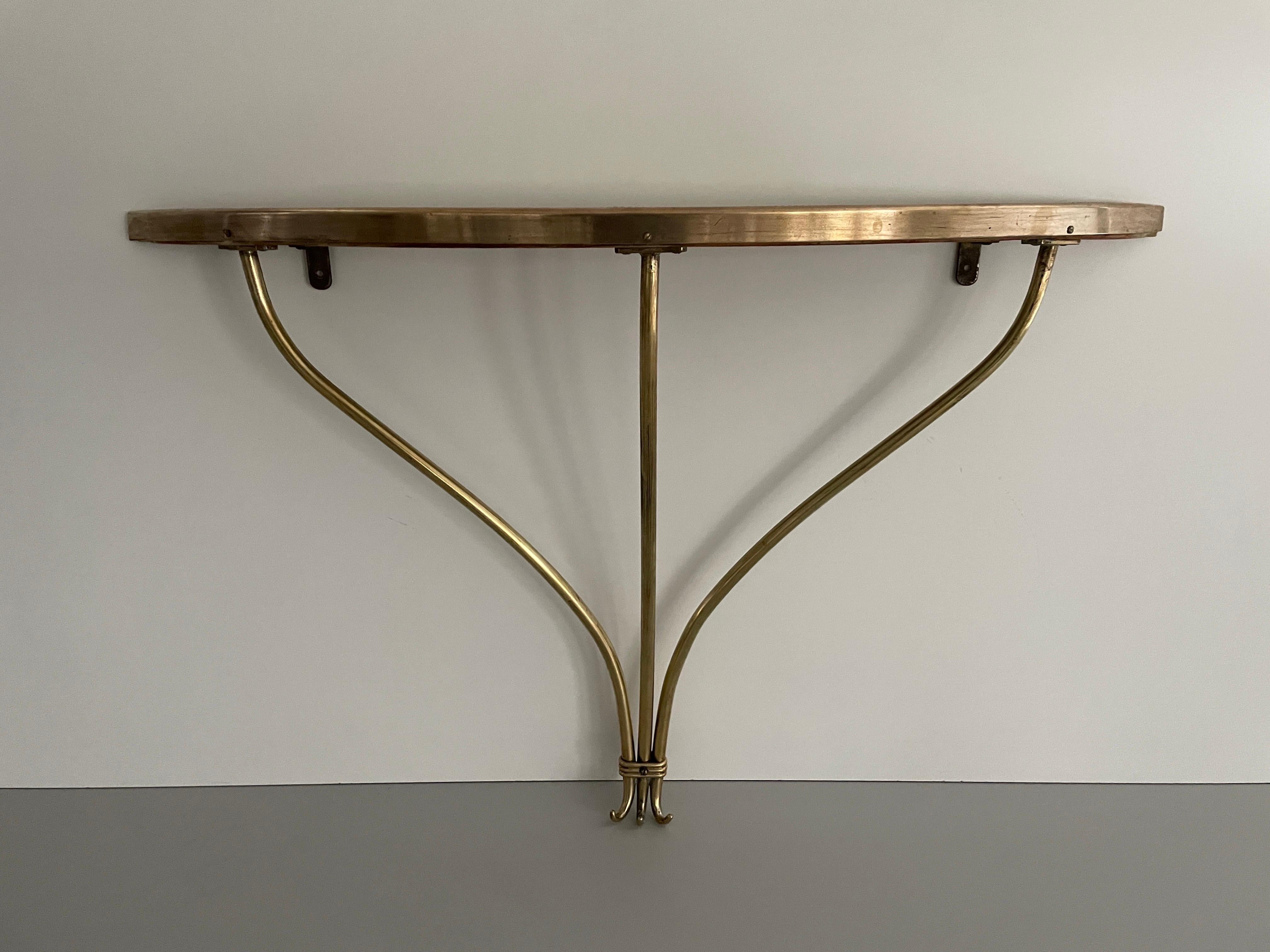 Italian Brass Frame and Green Glass Top Floating Wall Console Table,  1960s, Italy