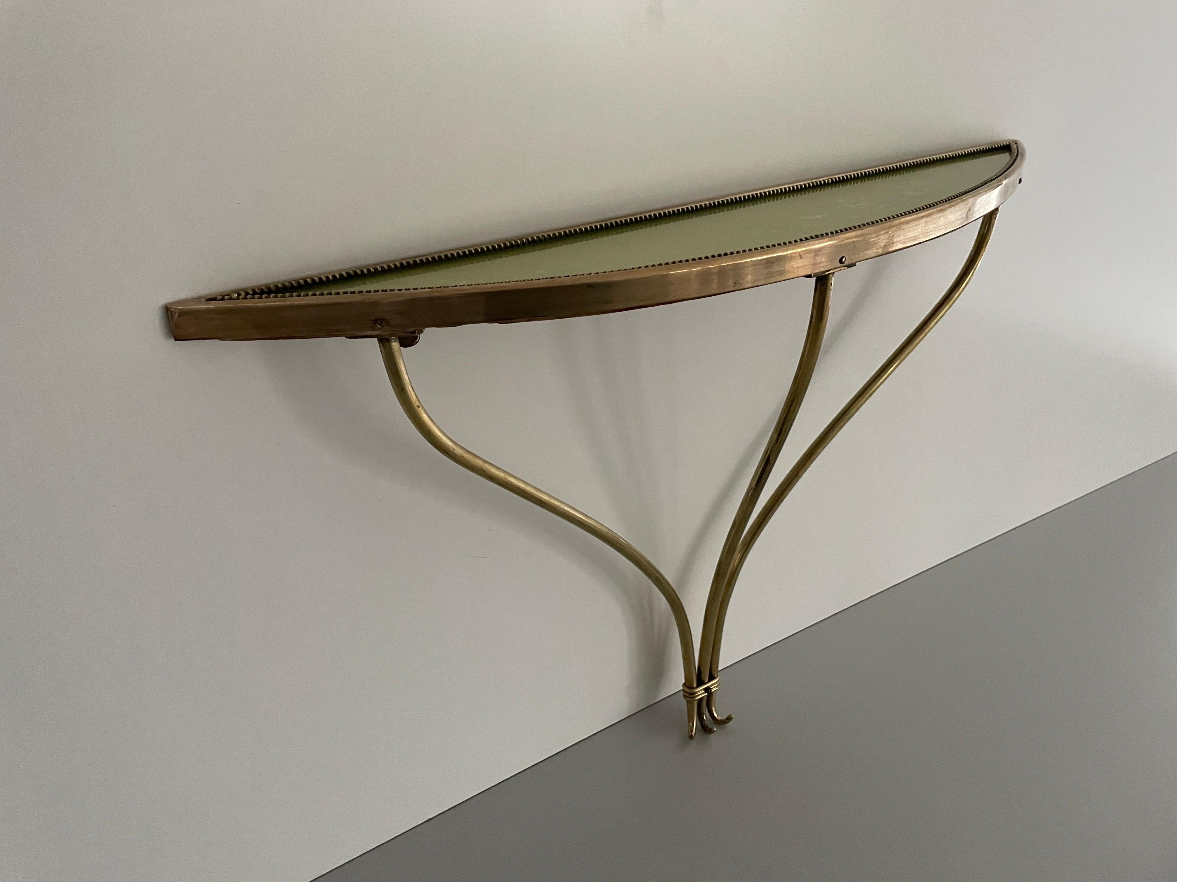 Brass Frame and Green Glass Top Floating Wall Console Table,  1960s, Italy In Excellent Condition In Hagenbach, DE