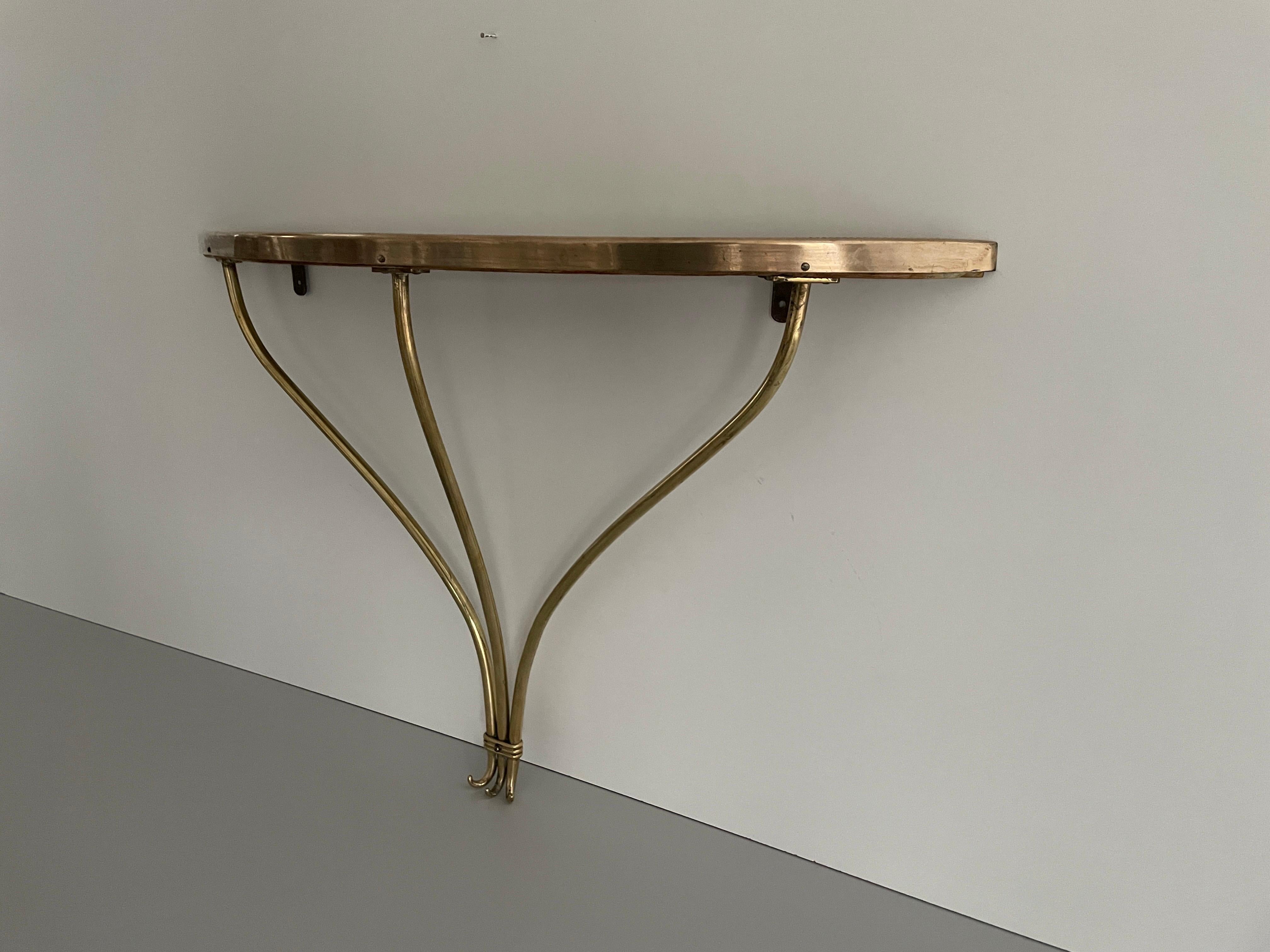 Mid-20th Century Brass Frame and Green Glass Top Floating Wall Console Table,  1960s, Italy
