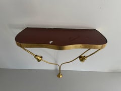 Brass Frame Brown Glass Top Floating Wall Console Table, 1950s, Italy