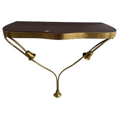 Brass Frame Brown Glass Top Floating Wall Console Table, 1950s, Italy