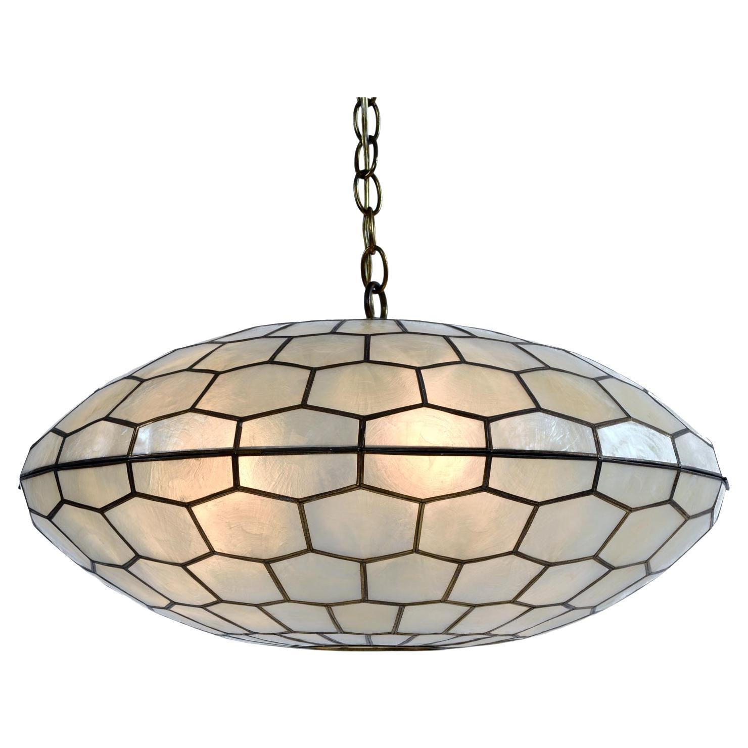 Brass Frame Capiz Shell Saucer Hanging Pendant Swag Lamp with Long Chain