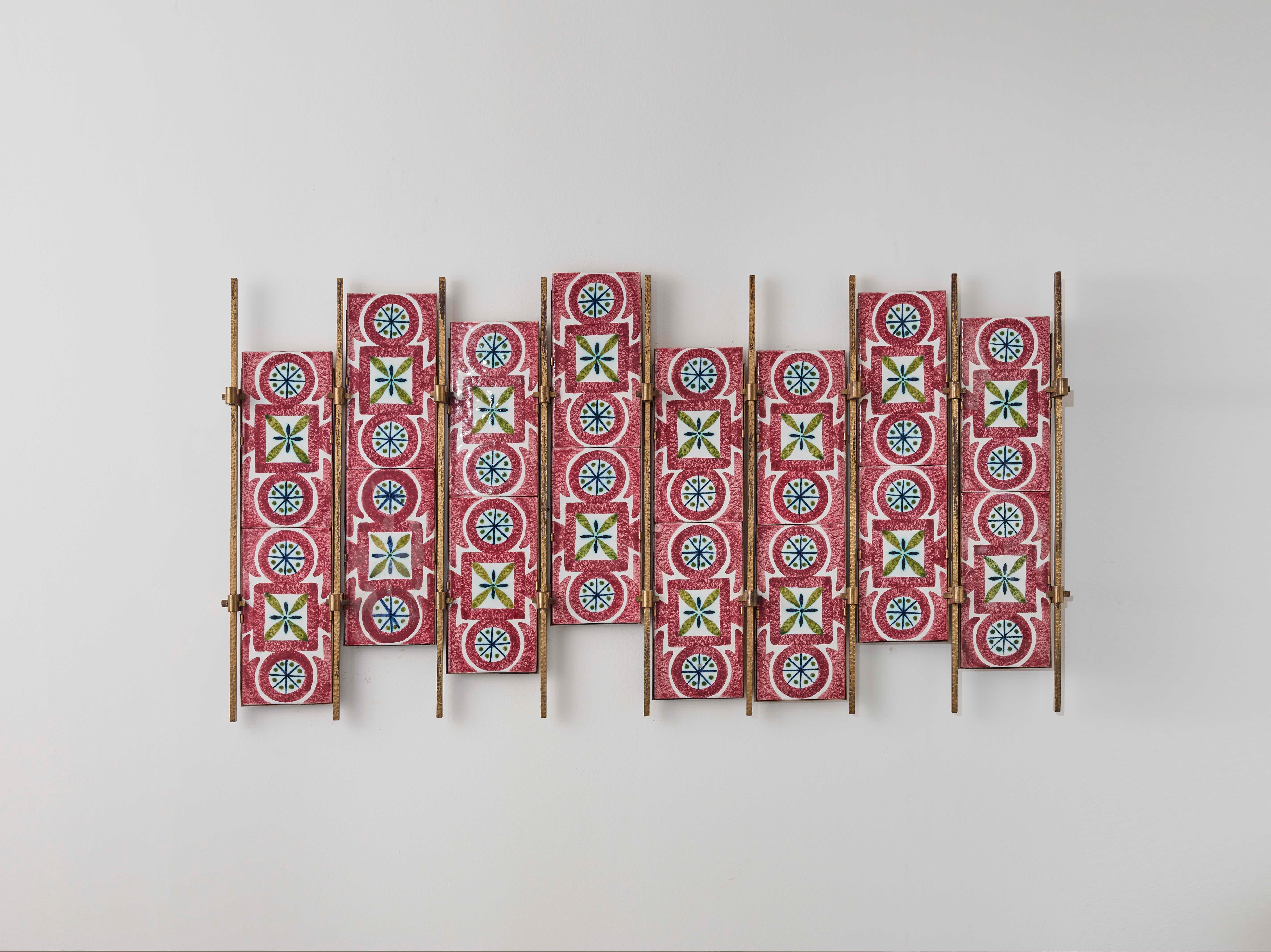 Italian Brass Frame Coat Hanger with 16 Gabbianelli Hand Painted Tiles - Italy - 1950s For Sale