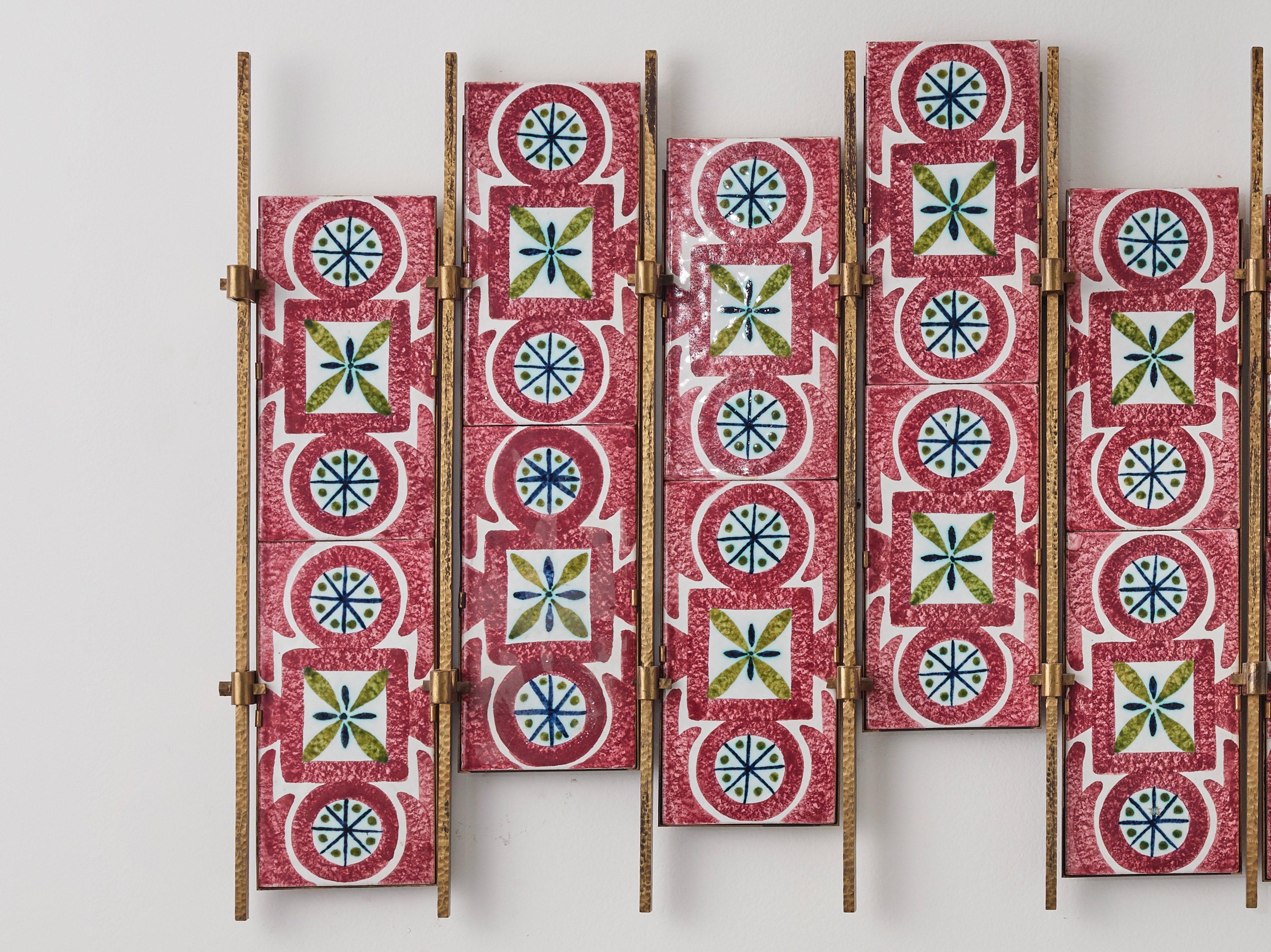 Mid-20th Century Brass Frame Coat Hanger with 16 Gabbianelli Hand Painted Tiles - Italy - 1950s For Sale