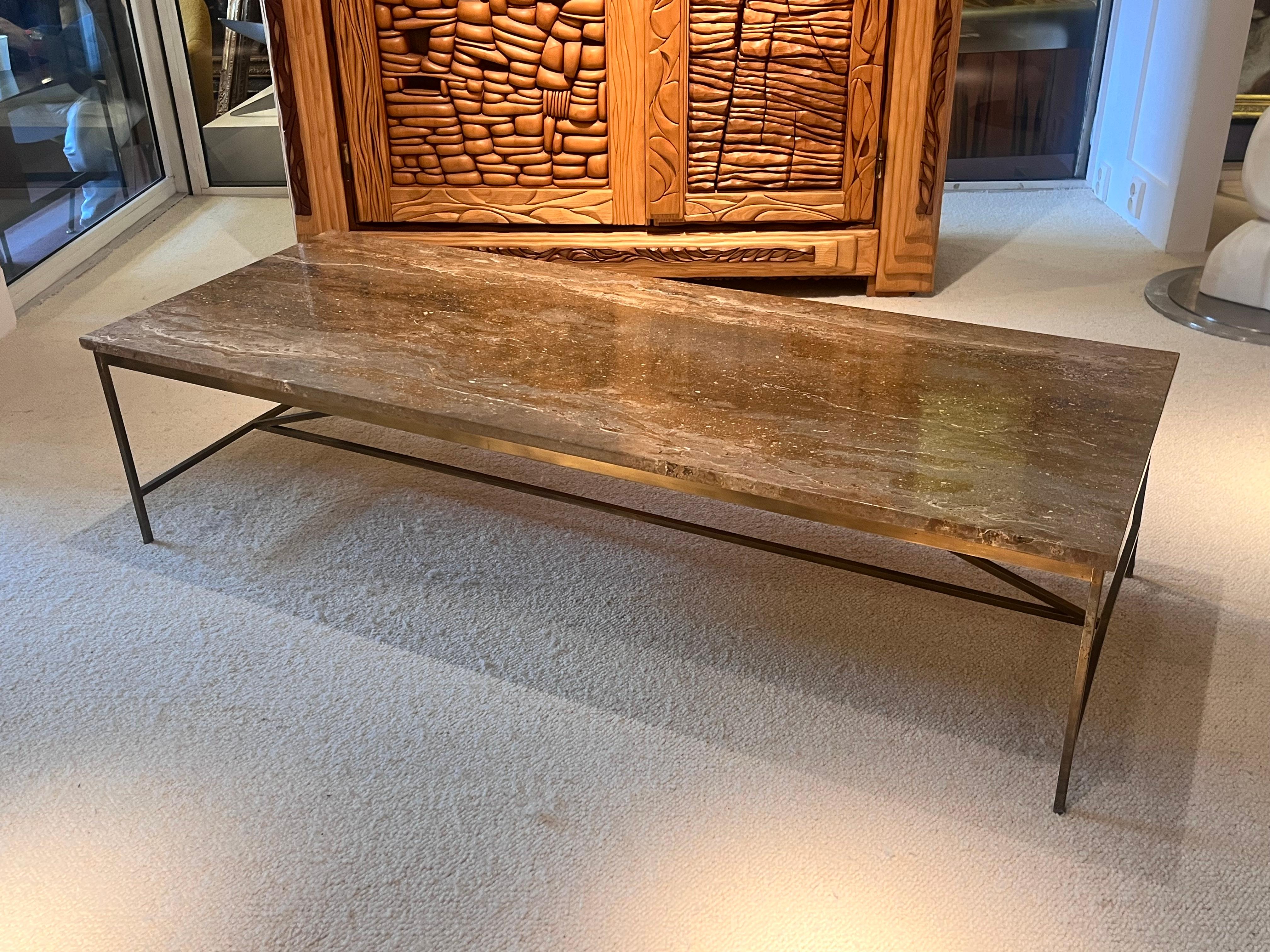 Mid-Century Modern Brass frame coffee table with brown-veined marble top by Paul McCobb For Sale