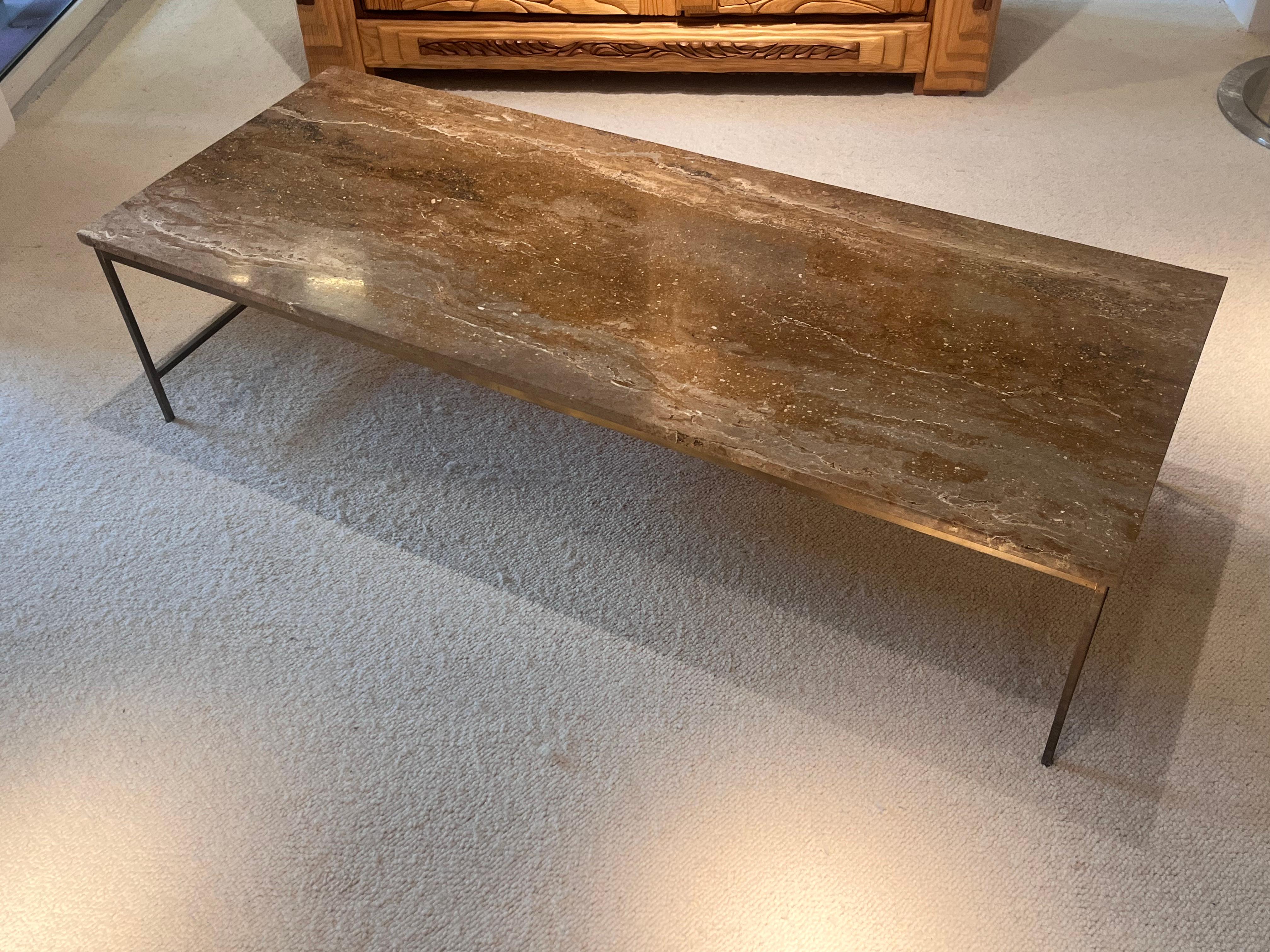 American Brass frame coffee table with brown-veined marble top by Paul McCobb For Sale