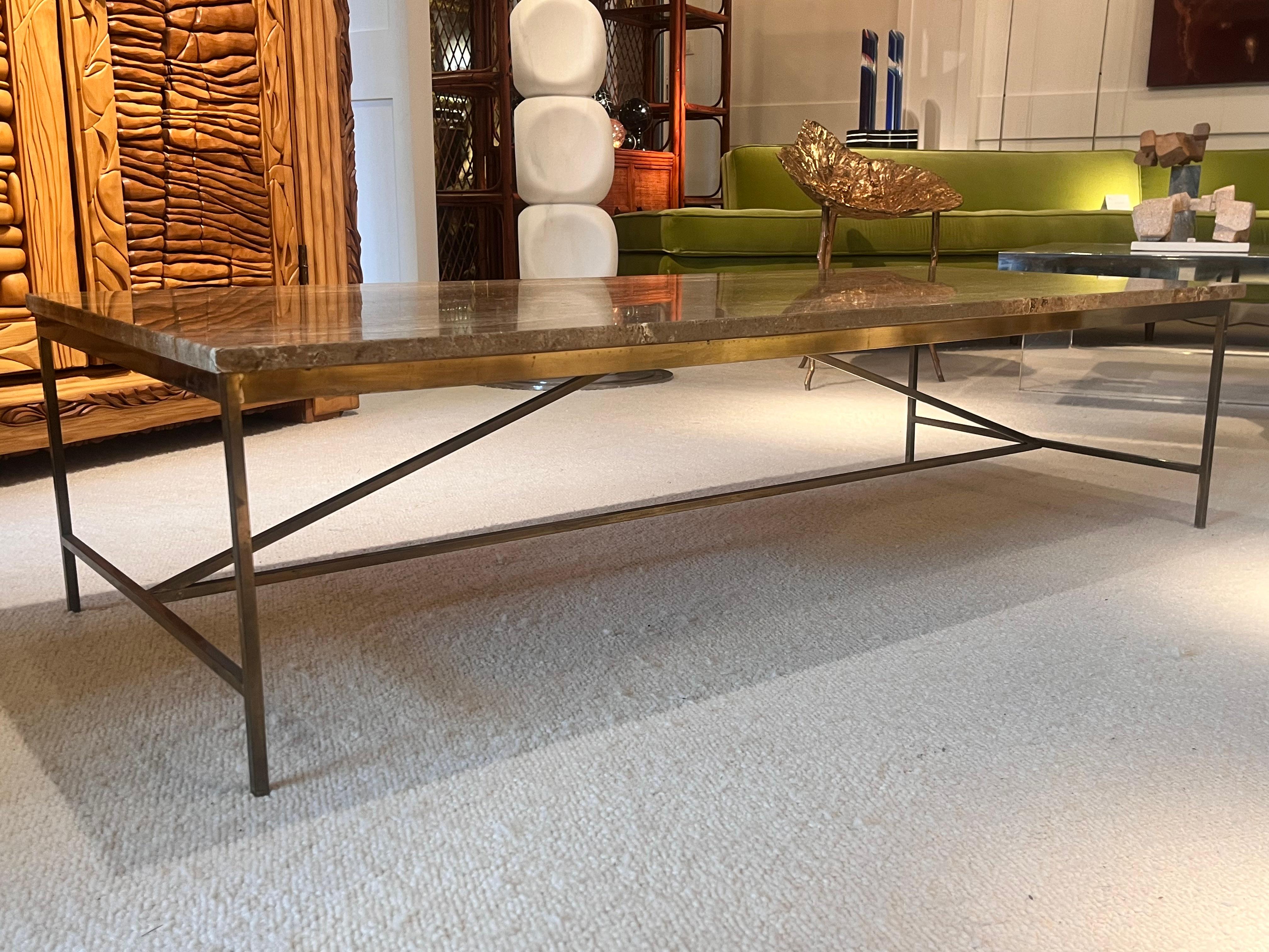 Mid-20th Century Brass frame coffee table with brown-veined marble top by Paul McCobb