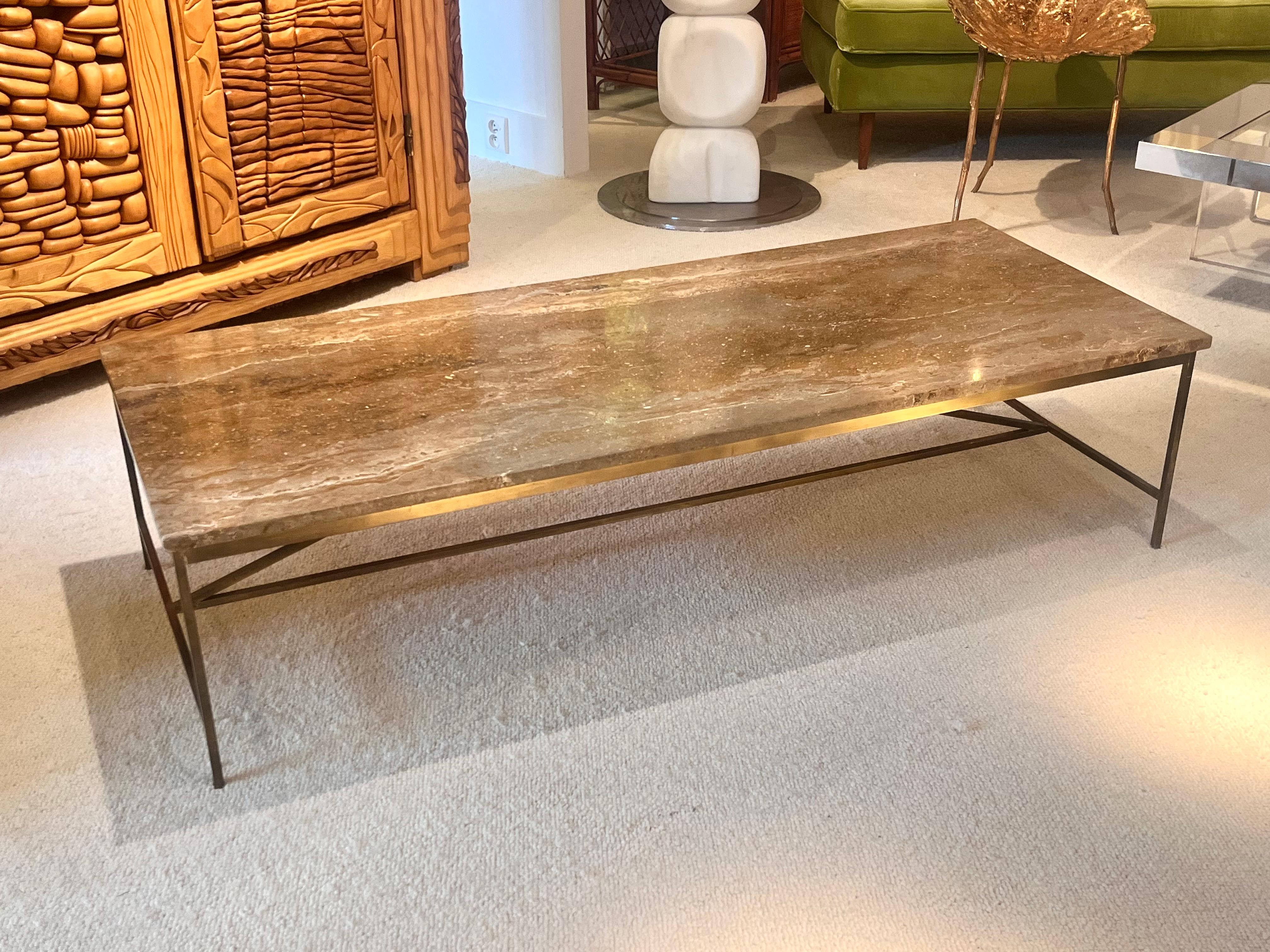 Brass frame coffee table with brown-veined marble top by Paul McCobb 1