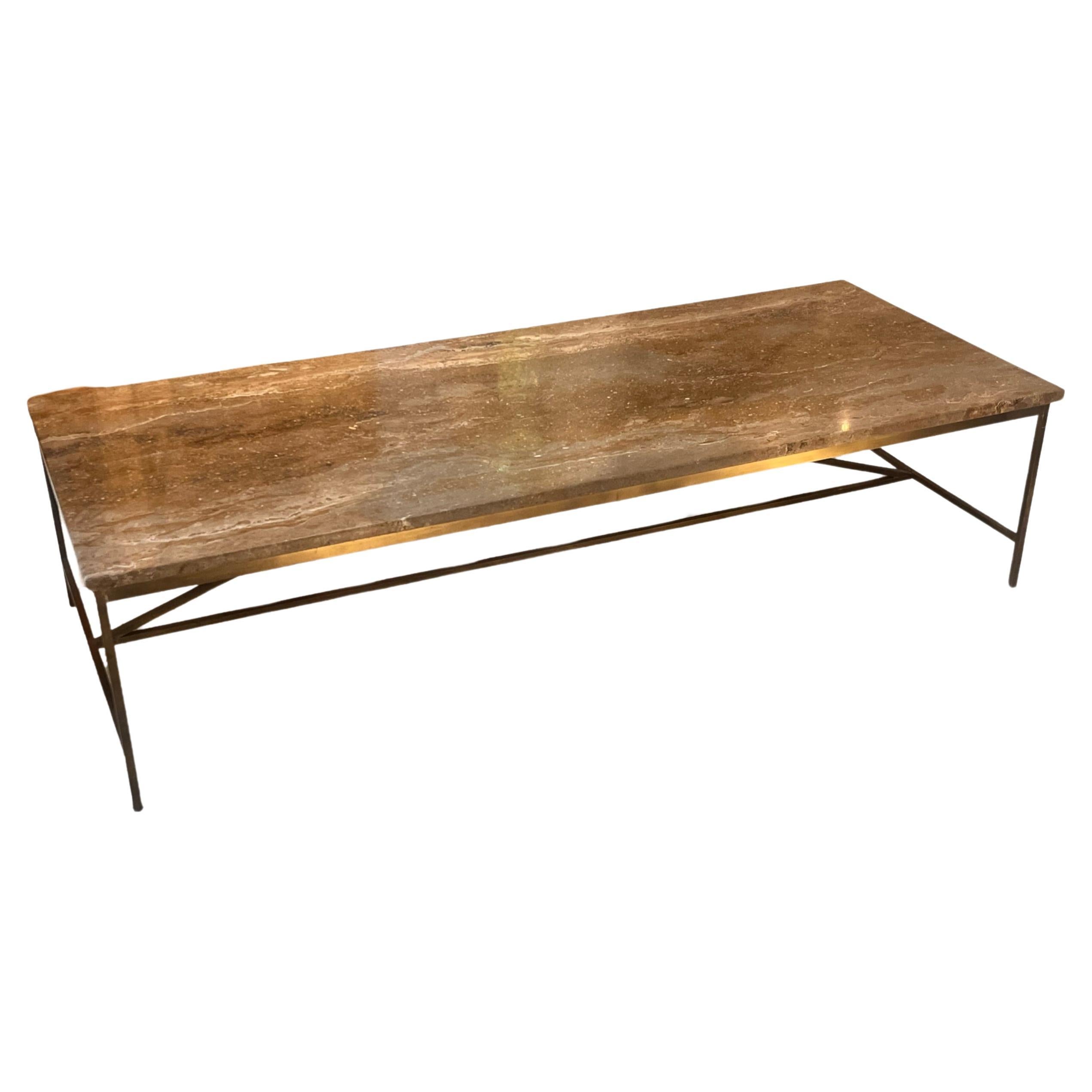Brass frame coffee table with brown-veined marble top by Paul McCobb For Sale