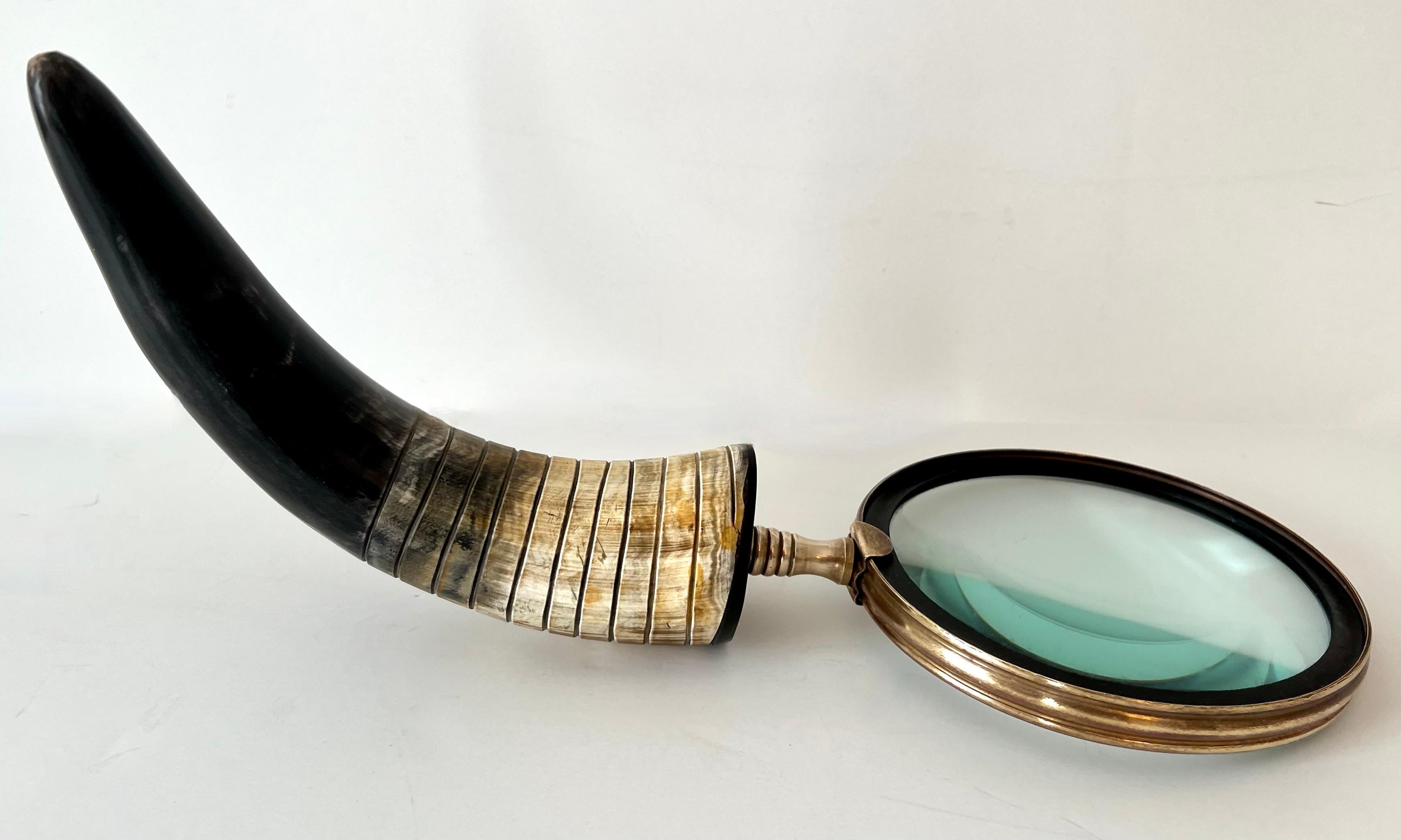 Hand-Crafted Brass Frame Desk Magnifying Glass with Horn Handle For Sale