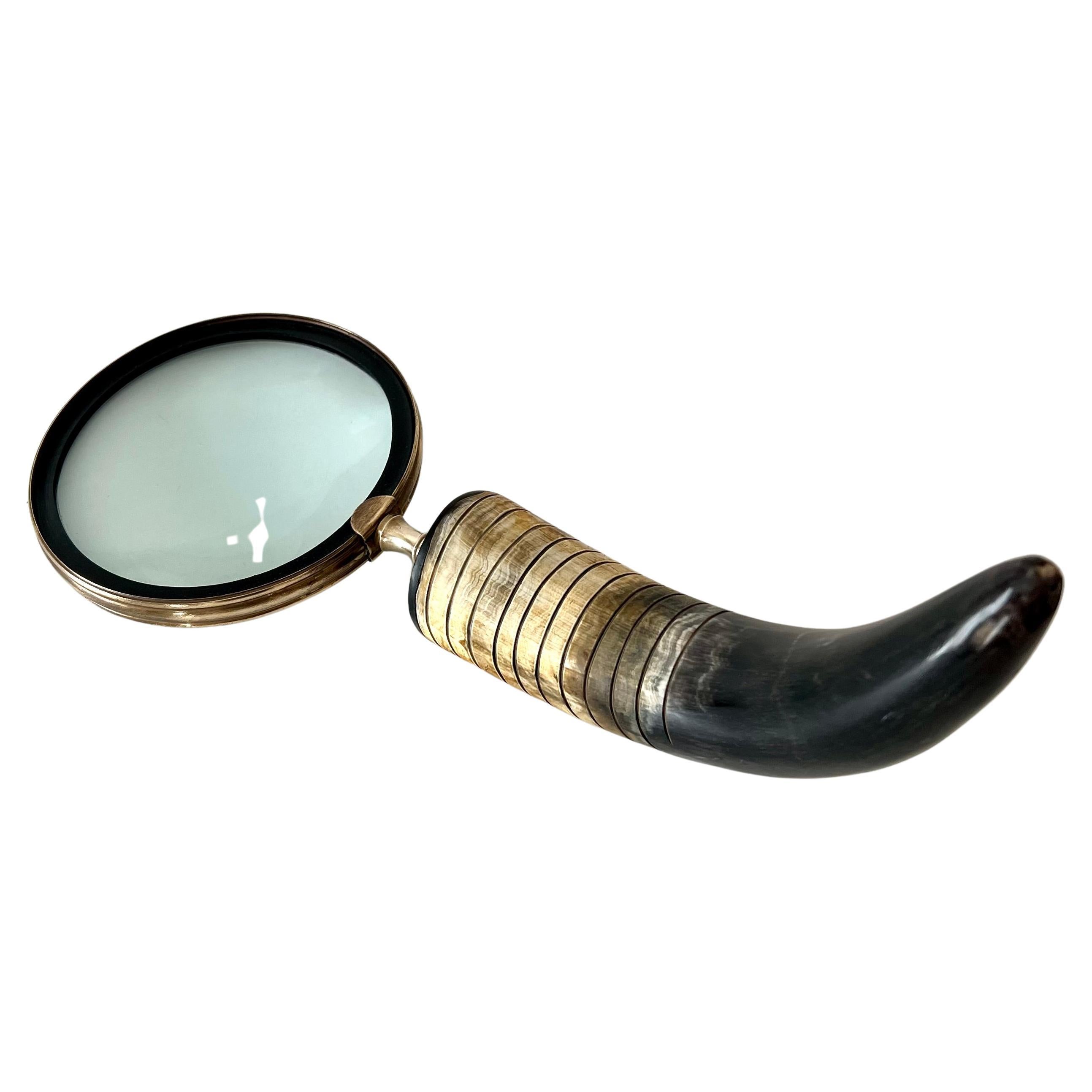 Brass Frame Desk Magnifying Glass with Horn Handle For Sale