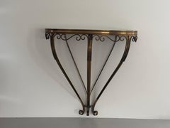 Brass Frame Green Glass Top Floating Large Wall Console Table, 1950s, Italy