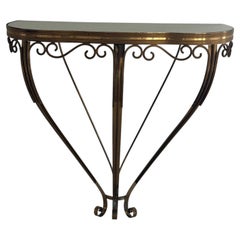 Brass Frame Green Glass Top Floating Large Wall Console Table, 1950s, Italy