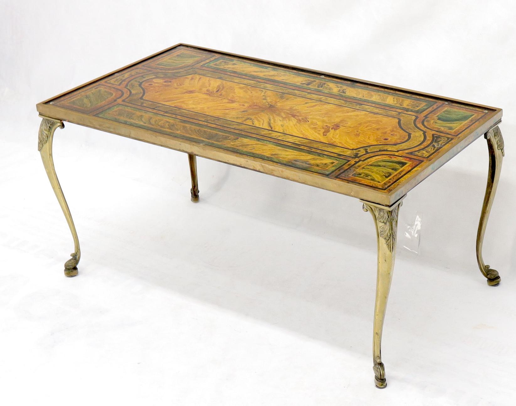 Hollywood Regency Brass Frame and Legs Painted Marble-Top Rectangular Coffee Table For Sale