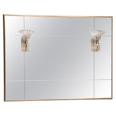 Brass Frame paneled Mirror with Studs and Glass Sconces Lights by Barovier