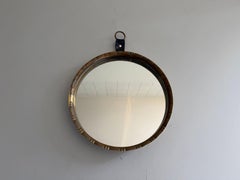 Brass Frame Round Wall Mirror  with Leather Hanger, 1960s, Germany